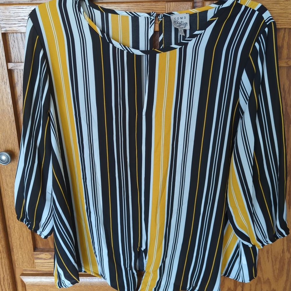 Women's Como Vintage Yellow, Black & White Striped Short Sleeve Top Sz. 2X